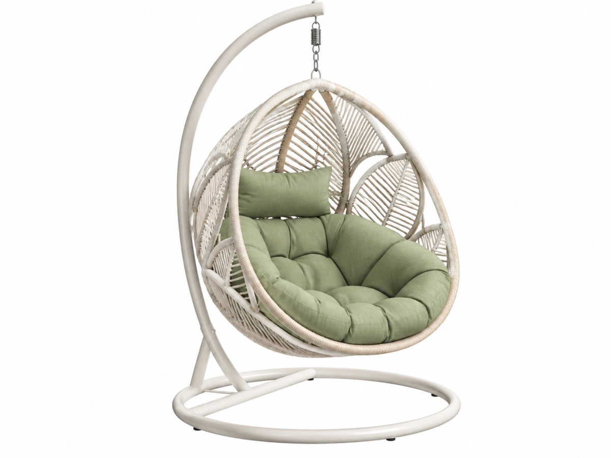 Hangstoel 110 x 110 x 195 cm wit en groen - gevlochten zitting met metalen standaard