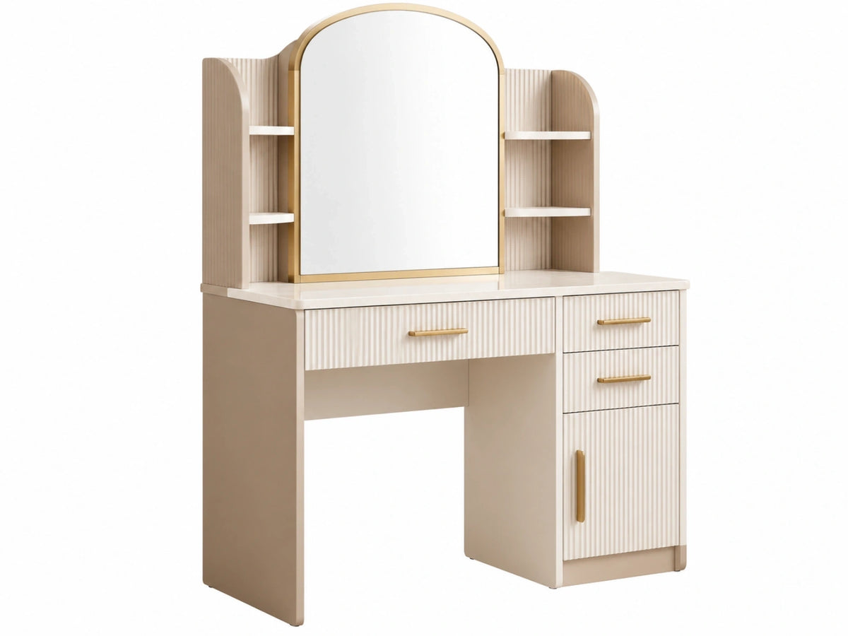 Kaptafel 120 x 45 x 150 cm houtplaat crème beige goud met spiegel en opbergruimte