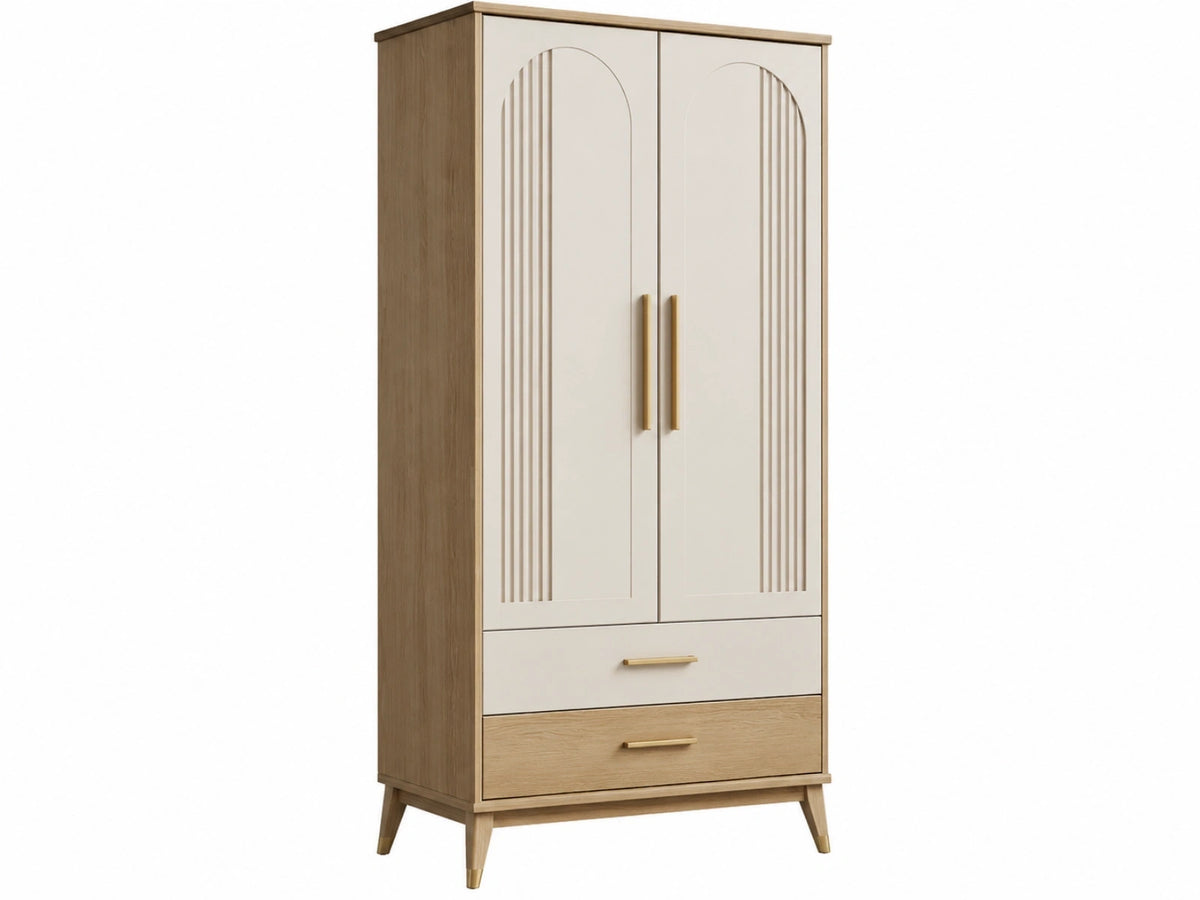 Kledingkast 90 x 50 x 180 cm crème en eikenbruin houten opbergkast met 2 deuren en 2 laden