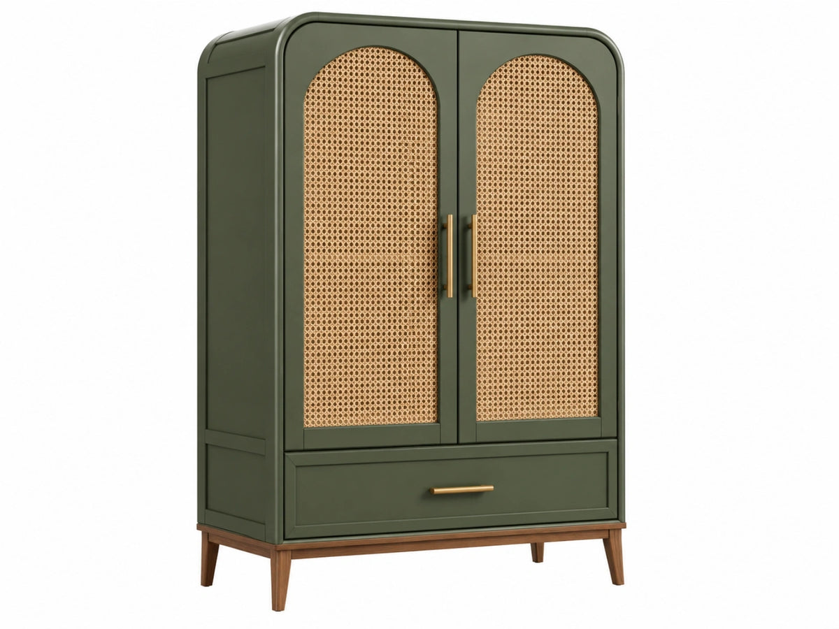 Kledingkast 100 x 50 x 190 cm groen hout rotan met lade retro opbergkast
