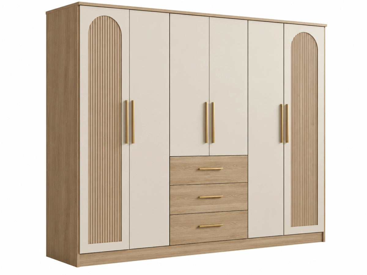Kledingkast 250 x 60 x 210 cm houtlook/beige met 6 deuren en 3 laden