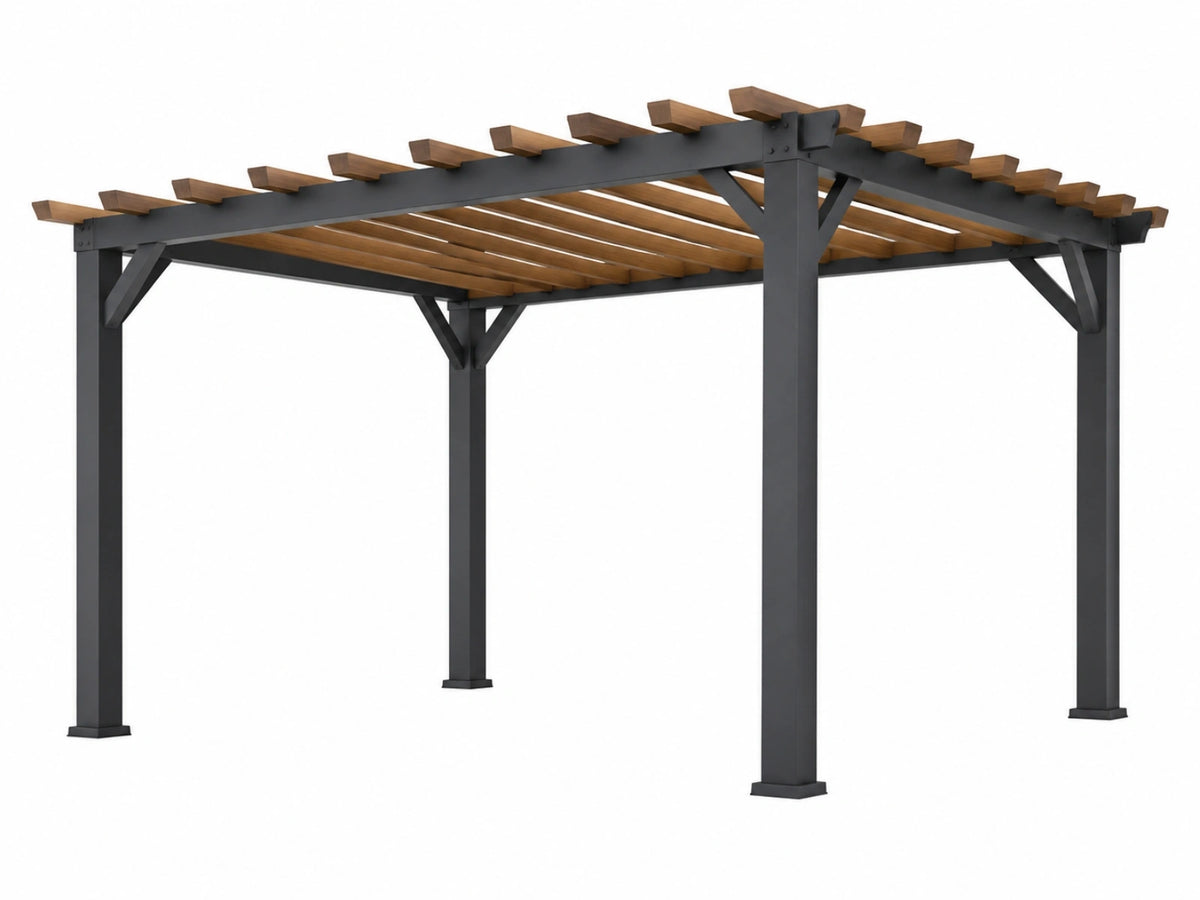 Pergola 400 x 300 x 240 cm - metaal en hout zwart/bruin - open latten dak voor tuin