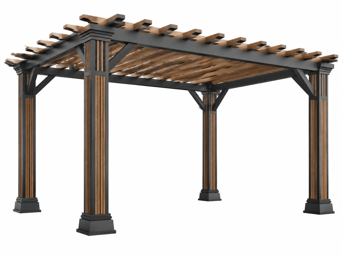 Pergola 400 x 300 x 250 cm - zwart/bruin metaal en hout voor tuin - open latten dak