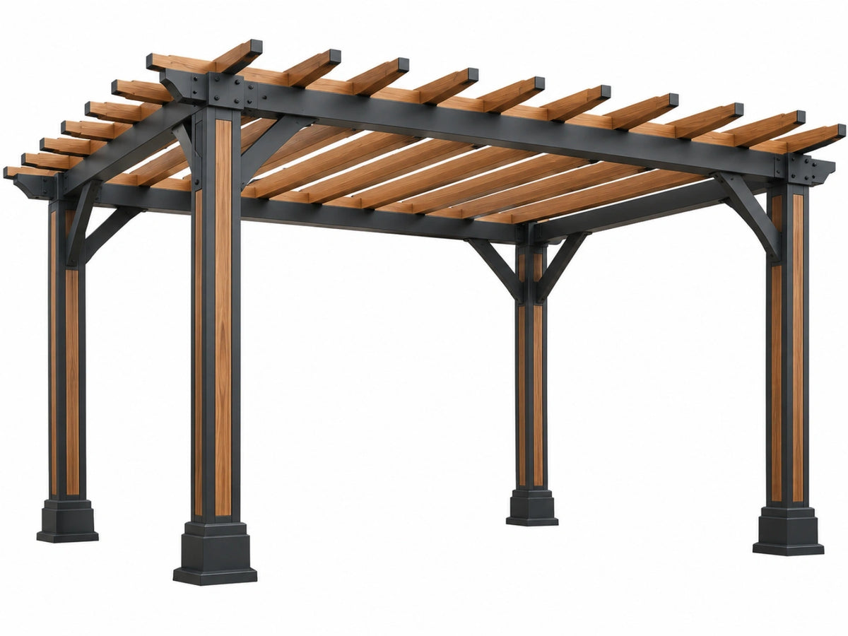 Pergola 400 x 300 x 250 cm hout en metaal zwart/naturel - open dak voor tuin