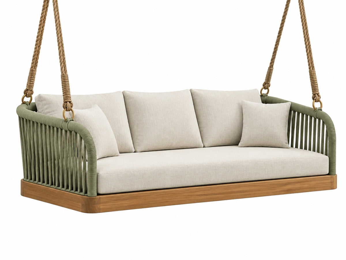 Hangbank 200 x 85 x 75 cm - houten frame met groen touw en beige stof - hangend buitenmeubel