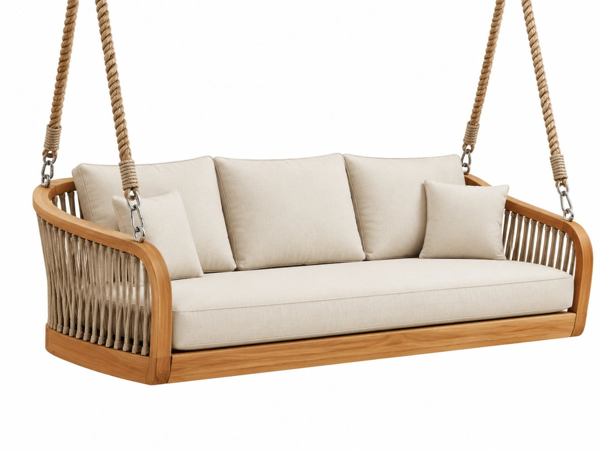 Hangbank 180 x 80 x 65 cm hout en touw naturel crème - buitenzitbank met kussens