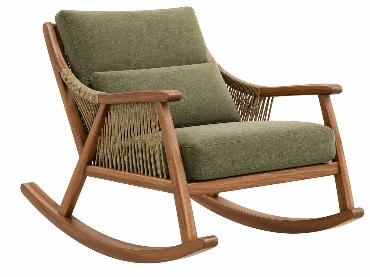Schommelstoel 68 x 95 x 90 cm - groen textiel met houten frame en gevlochten zijkanten