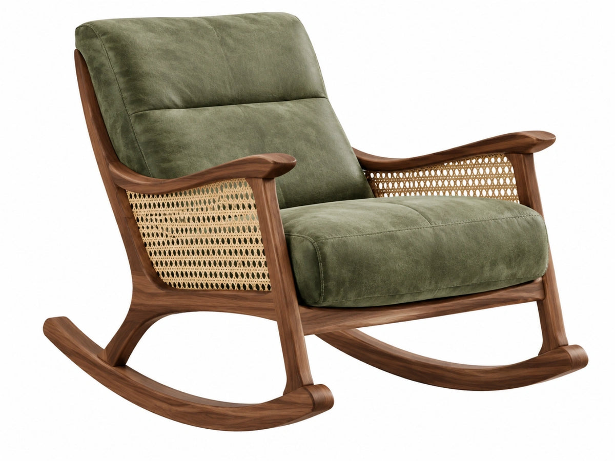Schommelstoel 70 x 95 x 100 cm groen met houten frame en vlechtwerk