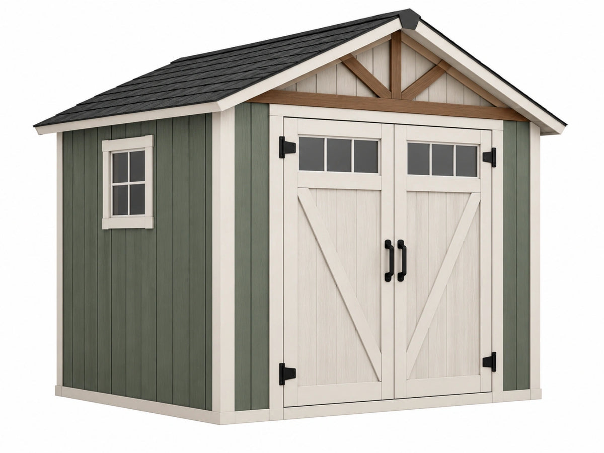 Tuinhuis 224 x 153 x 208 cm van kunststof groen/wit met dubbele deur en zadeldak