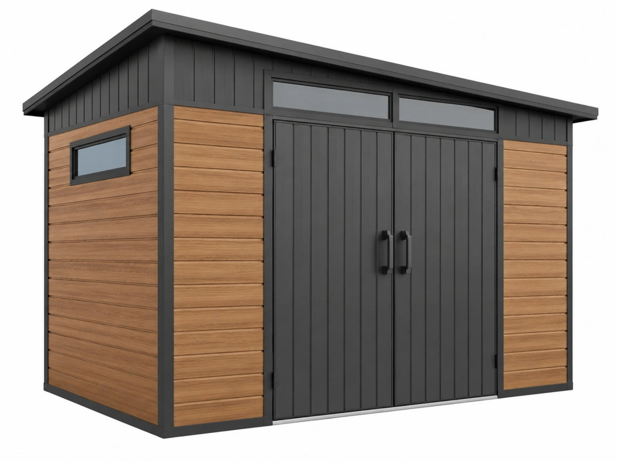 Tuinhuis 250 x 200 x 220 cm staal houtlook bruin antraciet met dubbele deur