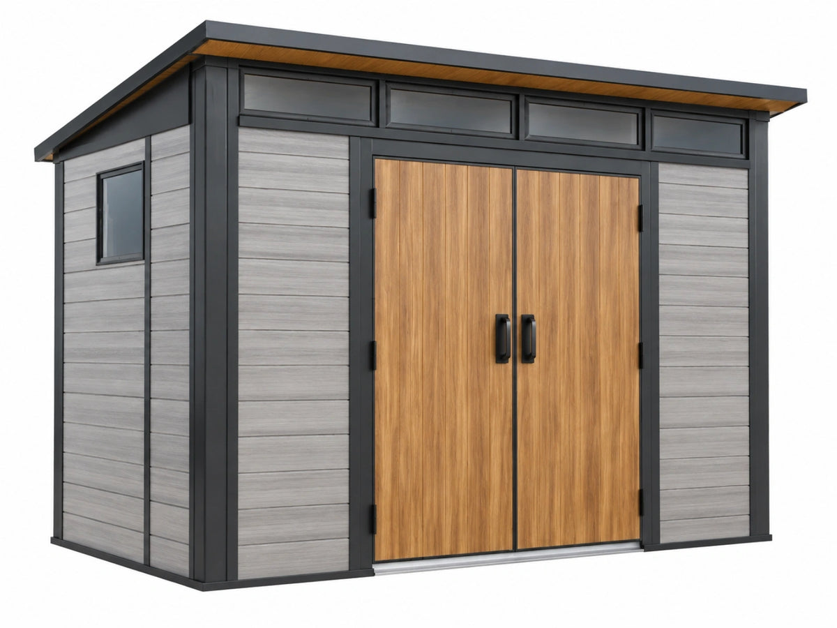 Tuinhuis 300 x 200 x 240 cm metaal zwart grijs natuurbruin - modern met dubbele deur