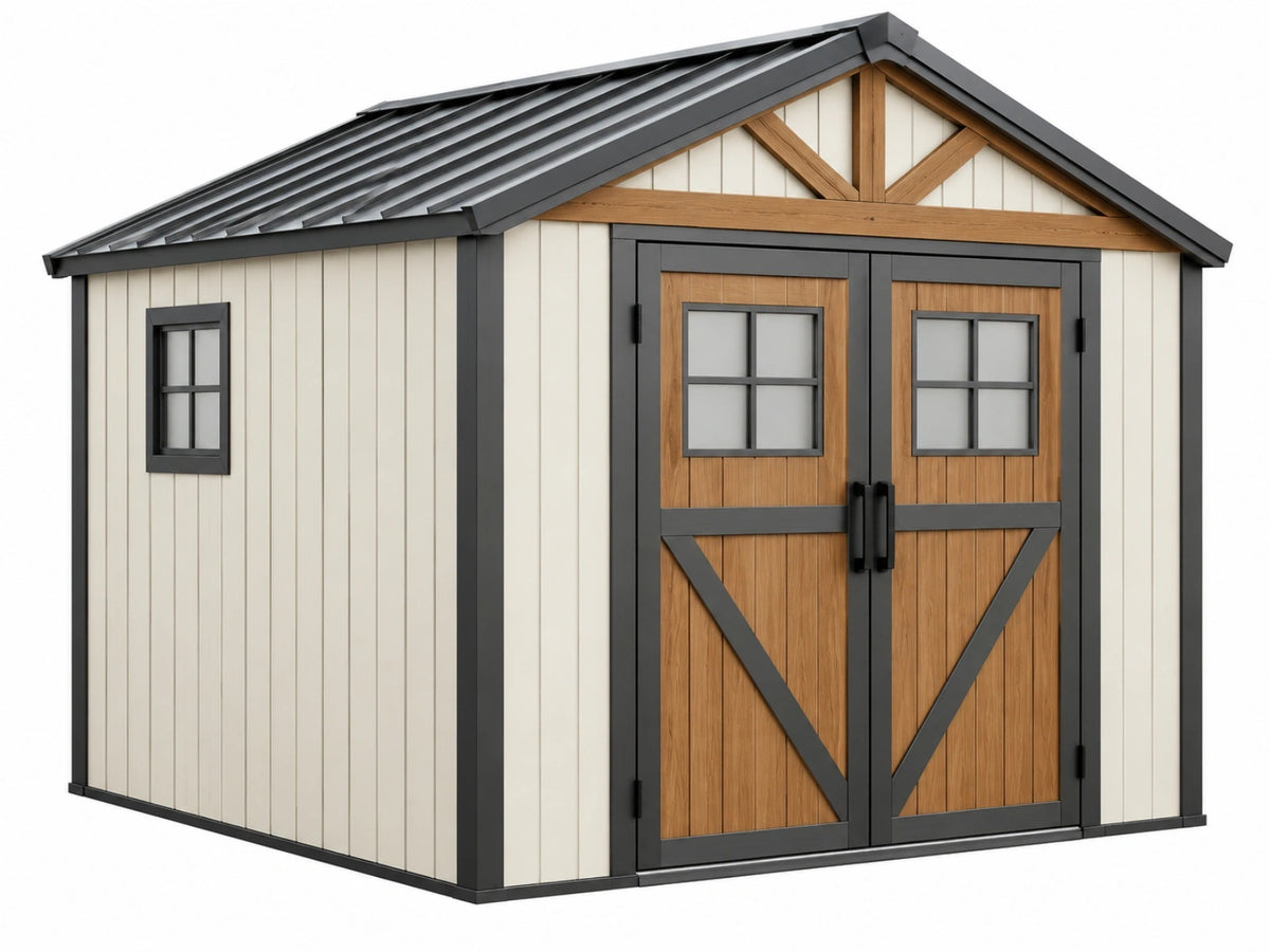 Tuinschuur 300 x 240 x 220 cm staal beige/bruin/antraciet - dubbele deuren met ramen landelijke stijl